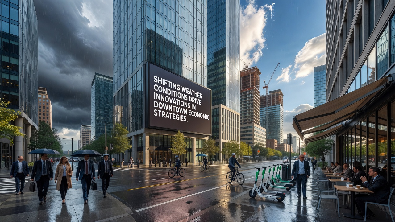 Business district implementing new weather-adaptive features including shaded walkways and sensor-linked signage